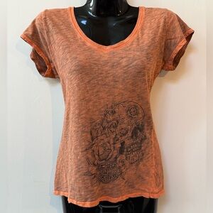 Harley Davidson Sugar Skull Tee Womens Size XS Orange Burnout‎ Biker Roses CA